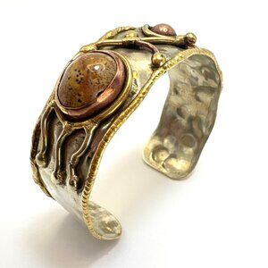 Agate Hammered Cuff Handmade Bracelet Scroll Bead Design VTG Mix Metals